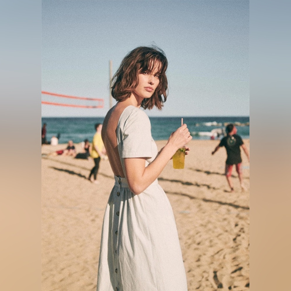 Sezane Robe Odalie Seersucker Bleu Ecru FR 40 / US 8 - Picture 2 of 14